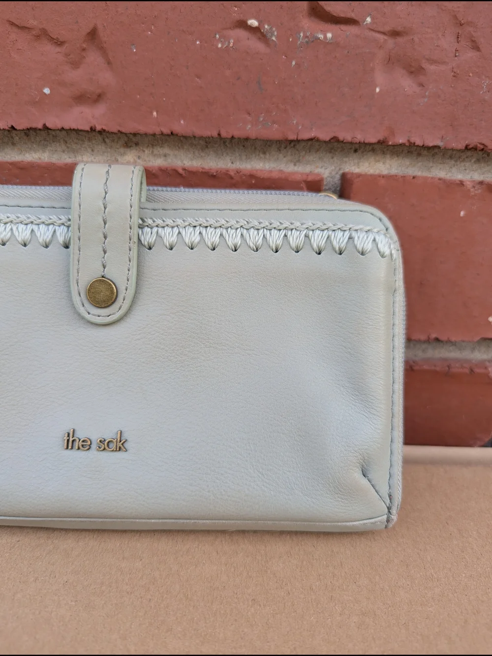 The Sak Iris Leather Large Smartphone Crossbody Wallet Sage Gray Wristlet Bag